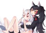  2girls :d animal_ear_fluff animal_ears bangs barefoot black_hair black_hoodie black_shorts brown_eyes commentary_request cup deany drinking eyebrows_visible_through_hair hair_ornament hairclip highres holding holding_cup hololive hood hoodie horns hug hug_from_behind knees_up long_hair long_sleeves looking_at_another looking_away multicolored_hair multiple_girls nakiri_ayame oni_horns ookami_mio ponytail red_eyes red_hair revision shirt short_shorts short_sleeves shorts silver_hair sitting smile streaked_hair very_long_hair virtual_youtuber white_shirt wolf_ears 