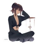  1girl between_legs black_pants black_shirt breasts brown_eyes brown_hair cleavage collarbone freckles full_body hand_between_legs high_ponytail kistina long_hair looking_at_viewer midriff pants parted_lips psycho-pass shimotsuki_mika shiny shiny_hair shirt sidelocks simple_background sitting sketch small_breasts solo stomach white_background 