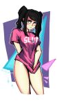  1girl bangs bare_legs black_hair blush breasts djsaturn embarrassed highres holding jill_stingray looking_up medium_breasts medium_hair pink_shirt shirt short_sleeves short_twintails thighhighs thighs twintails va-11_hall-a white_background 