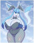  2021 absurd_res anthro belly big_breasts blue_eyes blush bow_tie breasts bunny_costume clothed clothing costume digital_media_(artwork) eeveelution fake_ears fake_rabbit_ears female glaceon hi_res holding_breast huge_breasts nintendo open_mouth pok&eacute;mon pok&eacute;mon_(species) slightly_chubby snackbunnii solo thick_thighs video_games 