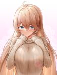  1girl ahoge beige_sweater blonde_hair blue_eyes blush breasts closed_mouth eyebrows_visible_through_hair floral_background gradient gradient_background hair_between_eyes harpyia_(last_origin) highres large_breasts last_origin lazb. long_hair looking_at_viewer pink_background ribbed_sweater sleeves_past_wrists smile solo sweater turtleneck turtleneck_sweater upper_body 