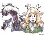  anthro antlers blonde_hair blush capreoline cervid clothing deltarune duo eye_contact female hair headshot_portrait hi_res horn jacket long_hair looking_at_another mammal noelle_holiday portrait reindeer scalie shirt simple_background smile susie_(deltarune) sweater sweater_vest topwear undertale_(series) vest video_games white_background yuzuki_fang111 