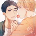  2boys black_hair blonde_hair blue_eyes candy commentary_request ear_piercing food food_in_mouth groo29 holding holding_candy holding_food kasamatsu_yukio kise_ryouta kuroko_no_basuke lollipop looking_at_another lowres male_focus multiple_boys piercing shirt short_hair sweatdrop upper_body white_shirt yaoi yellow_eyes 