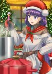  1girl apron bangs belt blue_eyes blush breasts brown_shirt dress fate/grand_order fate_(series) fur-trimmed_dress fur_trim hat highres jewelry ksfactory long_hair long_sleeves martha_(fate) martha_(santa)_(fate) medium_breasts mittens open_mouth purple_hair red_dress red_headwear red_scarf santa_hat scarf shirt smile solo white_apron 