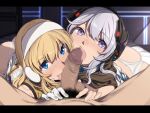  1boy 2girls ass bangs blonde_hair blue_eyes blush censored clothes_lift commentary_request earmuffs erection evelysse_(star_ocean) eyebrows_visible_through_hair fellatio gloves hairband headphones highres licking licking_penis long_hair looking_at_viewer male_pubic_hair mosaic_censoring multiple_fellatio multiple_girls nagioka on_bed oral panties penis pink_panties pleated_skirt pov pubic_hair purple_eyes reward_available saliva silver_hair skirt skirt_lift star_ocean star_ocean_anamnesis testicles thong tongue tongue_out underwear white_gloves white_hairband white_panties white_skirt 