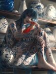  1girl blue_eyes blue_hair full-body_tattoo head_tilt heterochromia highres holding indoors knees_up light_rays long_hair looking_to_the_side nixeu nude original pot pottery realistic red_eyes shelf sitting sunbeam sunlight tattoo vase very_long_hair web_address 