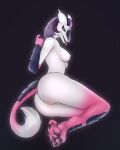  anthro anus beckoning black_sclera breasts female forked_tongue fur genitals gesture hi_res horn hybrid inviting looking_at_viewer nipples nude pink_body pink_fur pussy red_eyes scar sergal simple_background smile solo tongue tongue_out white_body white_fur yorzis 