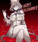  1girl absurdres bandages bangs bare_shoulders black_nails blonde_hair blood blood_on_clothes blood_on_face braid breasts cleavage closed_mouth crossed_legs dinoyhs eyebrows_visible_through_hair feet_out_of_frame girls&#039;_frontline halloween happy_halloween hat highres holding holding_knife knife kord_(girls&#039;_frontline) long_hair looking_at_viewer medium_breasts nail_polish nurse nurse_cap off_shoulder red_eyes simple_background sitting solo thighs white_headwear 