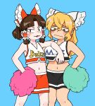  2girls :3 @_@ alternate_costume arm_between_breasts bangs benikurage_(cookie) between_breasts black_skirt blonde_hair blush bow breasts brown_hair bseibutsu character_name cheerleader closed_mouth clothes_writing commentary_request cookie_(touhou) crop_top facial_mark feet_out_of_frame flat_chest frilled_hair_tubes frills hair_bow hair_tubes hakurei_reimu half_updo highres kirisame_marisa large_breasts long_hair looking_at_viewer looking_down mars_(cookie) medium_hair midriff miniskirt multiple_girls navel open_mouth parted_bangs pom_pom_(cheerleading) ponytail red_bow red_eyes red_skirt simple_background skirt touhou uneven_eyes wavy_mouth whisker_markings white_bow 