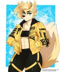  abs absurd_res anthro bandeau biceps big_breasts bird_dog blonde_hair blue_eyes blush_(blushbrush) blushbrush breasts canid canine canis cleavage clothed clothing domestic_dog ear_piercing female fluffy fluffy_tail fur glistening glistening_body glistening_clothing golden_retriever grin hair hi_res huge_breasts hunting_dog jacket mammal multicolored_body multicolored_fur muscle_tone muscular muscular_thighs neck_tuft piercing retriever simple_background smile solo straps techwear text text_on_clothing topwear tuft two_tone_body two_tone_fur undercut wolf yellow_body yellow_fur 