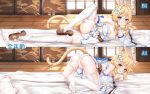  1girl :3 animal_ear_fluff animal_ears arm_support ass bangs bell blonde_hair blush breasts cat_ears cat_tail dakimakura_(medium) detached_sleeves eyebrows_visible_through_hair feet floral_print flower full_body genshin_impact hair_flower hair_ornament indoors jingle_bell kemonomimi_mode leg_hold long_hair long_sleeves looking_at_viewer lumine_(genshin_impact) lying multiple_views no_shoes on_side panties parted_lips sliding_doors small_breasts smile tail tail_bell tail_ornament thighhighs top-down_bottom-up underwear white_flower white_legwear white_panties wooden_floor yellow_eyes yutian_alice 