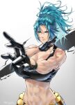  1girl abs anima_(togashi) bangs bare_shoulders belt black_tank_top blue_eyes blue_hair breasts closed_mouth gas_can highres leona_heidern midriff muscular muscular_female ponytail solo tank_top the_king_of_fighters the_king_of_fighters_xiii 