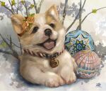  :p animal animal_focus ball bell branch chinese_commentary collar dog flower hair_flower hair_ornament highres leaf neck_bell no_humans open_mouth original pet procreate_(medium) rope signature tienai tongue tongue_out welsh_corgi 