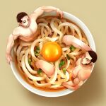  2boys aetio alternate_pectoral_size arm_hair bara black_eyes black_hair blush bowl chest_hair completely_nude egg facial_hair food food_focus from_above golden_kamuy hair_slicked_back hair_strand in_bowl in_container large_pectorals looking_at_viewer male_focus mature_male miniboy multiple_boys muscular muscular_male nantaimori noodles nude ogata_hyakunosuke pectorals ramen scar scar_on_cheek scar_on_face shared_bathing short_hair stubble tanigaki_genjirou undercut 