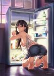  1girl absurdres bangs bare_shoulders barefoot black_hair blue_shorts bottle breasts brown_eyes cloud food fruit hand_up highres holding indoors kneeling long_hair looking_at_viewer looking_back milk original parted_lips refrigerator shorts sideboob sky solo sunset tank_top white_tank_top window yuki_jp2016 