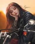  1girl arm_tattoo artist_name asian brown_hair earrings elbow_rest ground_vehicle head_rest head_tilt highres hoop_earrings jacket jewelry leather leather_jacket lips long_hair looking_at_viewer motor_vehicle motorcycle nixeu original outdoors realistic solo tattoo web_address 