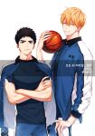  2boys ball basketball black_hair blonde_hair blue_eyes commentary_request crossed_arms ear_piercing frown groo29 height_difference holding holding_ball jacket jacket_on_shoulders kasamatsu_yukio kise_ryouta kuroko_no_basuke long_sleeves looking_at_viewer male_focus multiple_boys open_clothes open_jacket pants piercing shirt short_hair smile sportswear track_jacket track_pants yellow_eyes 
