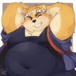 1:1 2021 absurd_res anthro belly canid canine canis clothed clothing domestic_dog hi_res kemono l4zily male mammal moobs musashi_(tamacolle) one_eye_closed overweight overweight_male solo tamacolle wink 
