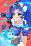  1girl blue_eyes blue_gloves blue_hair blue_jacket collarbone cure_gelato gloves grin hair_intakes highres holding holding_microphone jacket kirakira_precure_a_la_mode long_hair microphone myoumatsu_kaori precure red_background shiny shiny_hair short_sleeves smile solo 