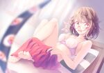  1girl bangs bare_shoulders barefoot bed bed_sheet blush bow bow_bra bra breasts brown_hair collarbone commentary_request curtains eyebrows_visible_through_hair eyelashes feet fingernails gap_(touhou) knees medium_breasts midorino_eni miniskirt open_mouth pillow pleated_skirt purple_eyes red_eyes red_skirt rimless_eyewear short_hair sitting skirt soles solo thighs toenails toes touhou underwear undressing usami_sumireko white_bra window 