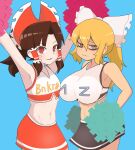  2girls alternate_costume armpits arms_up bangs benikurage_(cookie) black_hair black_skirt blonde_hair bow breasts brown_hair cheerleader closed_mouth clothes_writing commentary_request cookie_(touhou) cowboy_shot crop_top facial_mark flat_chest frilled_bow frilled_hair_tubes frills hair_bow hair_tubes hakurei_reimu highres kirisame_marisa long_hair looking_at_viewer madore mars_(cookie) medium_hair midriff multiple_girls navel open_mouth parted_bangs pom_pom_(cheerleading) ponytail red_bow red_eyes red_skirt ringed_eyes simple_background skirt small_breasts smile touhou wavy_mouth whisker_markings white_bow yellow_eyes 