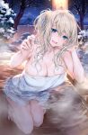  1girl :d blonde_hair blue_eyes breasts character_request cleavage copyright_request highres kaguyuzu large_breasts long_hair looking_at_viewer naked_towel onsen partially_submerged smile solo steam towel water wavy_hair wet 
