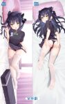 1girl animal_ear_fluff animal_ears ass bangs black_hair black_panties blue_archive blush breasts dakimakura_(medium) green_eyes hands_on_own_ass highres long_hair looking_at_viewer lying multiple_views on_bed on_side on_stomach panties shun_(blue_archive) small_breasts spread_ass thighhighs tongue tongue_out underwear white_legwear yutian_alice 