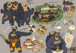  2021 anthro balls belly black_body bottomwear bread bulge clothing embrace food genitals group hi_res hug hugging_from_behind loincloth male male/male mammal moobs musclegut nipples overweight overweight_male penis pure_command sitting suid suina sus_(pig) weapon wild_boar 