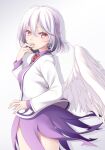  1girl :o ahoge alternate_eye_color angel_wings arm_up bangs bow bowtie braid collared_dress dress eyebrows_visible_through_hair eyelashes fingernails fingers french_braid gradient gradient_background grey_wings hair_between_eyes half_updo jacket kishin_sagume long_sleeves looking_at_viewer midorino_eni open_mouth purple_dress purple_eyes red_bow red_bowtie red_neckwear shiny shiny_hair shiny_skin short_hair silhouette silver_hair single_wing solo suit_jacket thighs touhou vest white_jacket wing_collar wings 