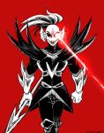  absurd_res animal_humanoid armor clothing ear_fins female fin fish fish_humanoid gloves hair handwear hi_res holding_object holding_weapon humanoid looking_at_viewer marine marine_humanoid melee_weapon polearm ponytail red_background simple_background smile solo spear undertale_(series) undyne weapon yuzuki_fang111 