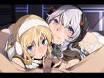  1boy 2girls ass bangs blonde_hair blue_eyes blush censored closed_mouth clothes_lift commentary_request cum cum_on_hair cum_string earmuffs ejaculation evelysse_(star_ocean) eyebrows_visible_through_hair facial flaccid gloves hairband headphones highres long_hair looking_at_viewer male_pubic_hair mosaic_censoring multiple_girls nagioka on_bed panties penis pink_panties pleated_skirt pov pubic_hair purple_eyes reward_available silver_hair skirt skirt_lift star_ocean star_ocean_anamnesis thong tongue tongue_out underwear white_gloves white_hairband white_panties white_skirt 