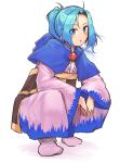  1girl :o blue_capelet blue_eyes blue_hair blue_hood blush capelet dress eyebrows_visible_through_hair eyes_visible_through_hair ginnkei highres hood hood_down kesa kumoi_ichirin long_sleeves looking_at_viewer no_headwear open_mouth ponytail short_hair simple_background socks squatting touhou white_background white_dress white_legwear wide_sleeves 