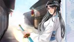  1girl absurdres black_hair dress earrings hair_ornament highres jewelry long_hair sideways_glance smile sword village weapon weibo_id weibo_logo white_dress yun_yun_(battle_through_the_heavens) yun_yun_guan_bo 