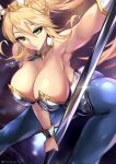  1girl absurdres ahoge animal_ears armpits artoria_pendragon_(fate) artoria_pendragon_(swimsuit_ruler)_(fate) ass bangs bare_shoulders blonde_hair blue_legwear blue_neckwear blush braid breasts cleavage detached_collar fate/grand_order fate_(series) fishnet_legwear fishnets french_braid green_eyes hair_between_eyes highleg highleg_leotard highres large_breasts leaning_forward leotard long_hair looking_at_viewer necktie pantyhose playboy_bunny ponytail queasy_s rabbit_ears sidelocks solo stripper_pole thighs tiara white_leotard wrist_cuffs 