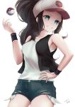  1girl brown_hair hat highres hilda_(pokemon) poke_ball pokemon pokemon_(game) shorts solo ton_(user_jpmr3338) 