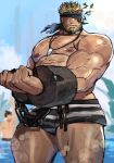  2boys abs alternate_costume balor_(housamo) bara beach black_hair blonde_hair blue_eyes bulge chest_hair cuffs dark-skinned_male dark_skin dog_tags facial_hair feet_out_of_frame flaming_eye handcuffs highres jewelry large_pectorals leg_hair looking_at_viewer male_focus male_swimwear mature_male multicolored_hair multiple_boys muscular muscular_male mustache necklace nikuo_(29niku) nipples one_eye_covered pectorals print_male_swimwear prison_clothes prisoner short_hair solo_focus stomach swim_briefs thick_thighs thighs tokyo_afterschool_summoners topless_male two-tone_hair unfinished water 