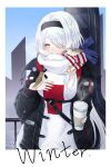  1girl absurdres animal_on_shoulder azur_lane bangs bird bird_on_hand bird_on_shoulder black_jacket blush breasts city colorado_(azur_lane) colorado_(traveling_melody)_(azur_lane) commentary_request cup day disposable_cup english_text guitar_case hair_intakes hair_over_one_eye hairband highres instrument_case jacket konparu_uran large_breasts outdoors pink_eyes scarf scarf_over_mouth solo sparrow steam sweater swept_bangs white_hair white_sweater 