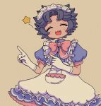  1girl apron blue_dress blue_hair blush closed_eyes dress fang frilled_apron frills gloves index_finger_raised no_nose open_mouth original puffy_short_sleeves puffy_sleeves sakura_szm shadow short_hair short_sleeves simple_background smile solo star_(symbol) tan_background upper_body white_apron white_gloves 