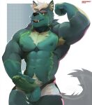  anthro bakemonoy balls canid canine canis flexing fur genitals green_body green_fur hi_res holding_penis humanoid_genitalia humanoid_penis male mammal mostly_nude muscular muscular_male penis simple_background solo wolf 