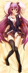  animal_ears breasts bunny_ears cleavage dakimakura full_body highres large_breasts long_hair lowleg lowleg_panties lying panties panty_pull purple_hair reisen_udongein_inaba scarlet_(studioscr) solo striped striped_panties thighhighs touhou underwear white_panties 