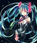  aqua_hair bad_id bad_pixiv_id closed_eyes detached_sleeves hand_on_own_chest hatsune_miku headset hixi_186 long_hair necktie open_mouth skirt solo thighhighs twintails very_long_hair vocaloid 