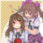  alternate_hairstyle bad_id bad_pixiv_id blush bow brown_hair checkered checkered_background checkered_skirt comb cutting_hair fang hair_bow hairdressing hat hat_removed headwear_removed heart himekaidou_hatate holding holding_hat long_hair lowres multiple_girls nervous pointy_ears purple_eyes red_eyes scissors shameimaru_aya skirt sweatdrop takamura tokin_hat touhou twintails 
