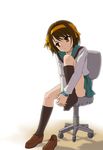  brown_hair chair g-tetsu hands_clasped kita_high_school_uniform knee_up kneehighs leg_hug long_sleeves own_hands_together school_uniform serafuku shoes short_hair single_shoe sitting socks solo suzumiya_haruhi suzumiya_haruhi_no_yuuutsu 