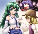  annoyed blonde_hair blue_eyes breast_envy breast_grab breasts detached_sleeves frog grabbing green_eyes green_hair hair_ornament hat kochiya_sanae large_breasts long_hair looking_at_breasts moriya_suwako multiple_girls navel purple_hair sama_samasa shocked_eyes short_hair snake surprised touhou yasaka_kanako 