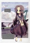  aircraft airplane brown_hair copyright_request grey_eyes highres long_hair scarf shiro_(octet) solo suitcase 