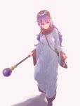  1girl breasts commentary_request curly_hair dragon_quest dragon_quest_ii dress hat highres hood hood_up long_hair long_sleeves open_mouth princess princess_of_moonbrook purple_eyes purple_hair robe simple_background solo staff tamago_tomato weapon white_background white_robe 