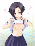  black_hair bob_cut bra bra_lift breasts brown_eyes earphones heart joy_ride kobayakawa_rinko lingerie looking_at_viewer love_plus medium_breasts nipples pinky_out pleated_skirt school_uniform serafuku shirt_lift short_hair skirt solo underwear 