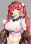  1girl alternate_costume animal_costume areolae azur_lane bangs blush breasts erect_nipples eyebrows_visible_through_hair grey_background hair_ribbon highres honolulu_(azur_lane) irohasu large_breasts long_hair looking_at_viewer navel nipples open_mouth red_eyes red_hair ribbon sailor_collar school_uniform see-through shirt simple_background solo steaming_body stomach sweat twintails undressing upper_body wet wet_clothes wet_shirt 