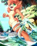  4_fingers anthro breasts elora faun female fur grass green_eyes hair nude open_mouth outside river satyr solo tree violise water 