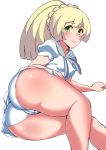  1girl ass blonde_hair breasts creatures_(company) dress eyebrows game_freak green_eyes highres huge_ass komusou_(jinrikisha) lillie_(pokemon) long_hair nintendo panties pokemon pokemon_(game) pokemon_sm ponytail simple_background smile solo tied_hair underwear white_background 